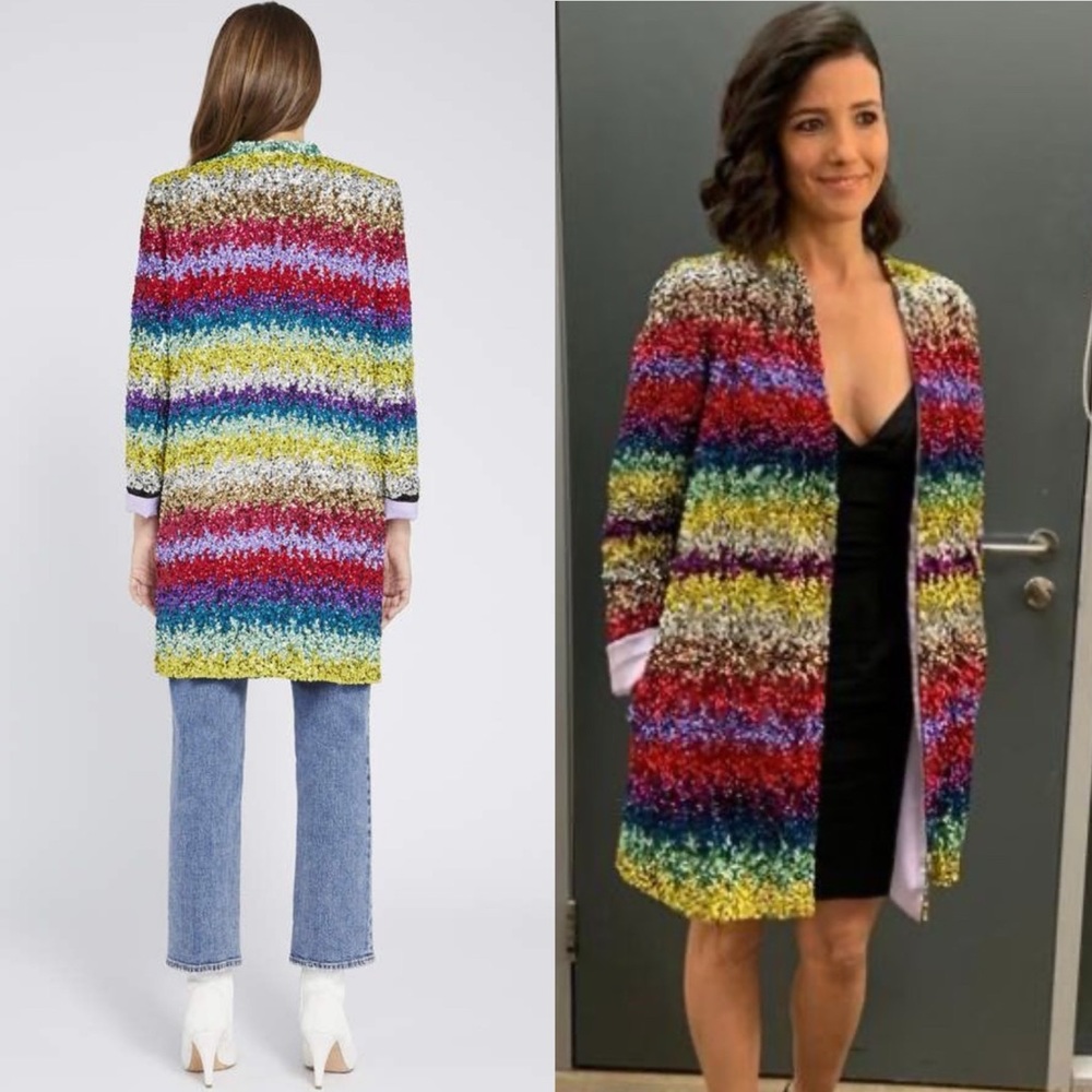 alice olivia sequin linda midi coat Taylor Swift eras rainbow jacket blazer